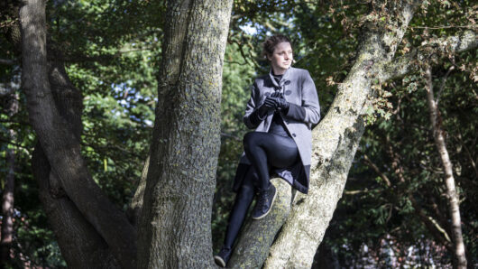 Impressie van voorstelling: ‘Wie de F* is TRIJN?’ Trijn Rembrands, maker en hoofdrolspeler, in een boom.