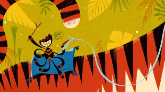 tekening van een vrolijk stripfiguurtje: Anansi de Spin