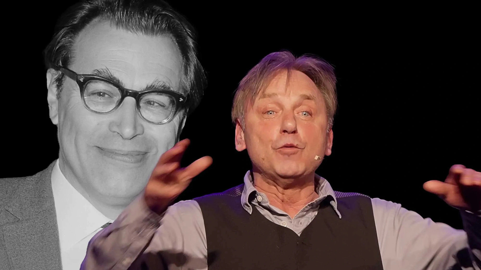 Remco Melles met op de achtergrond in zwart wit Godfried Bomans = Bomans Klinkt