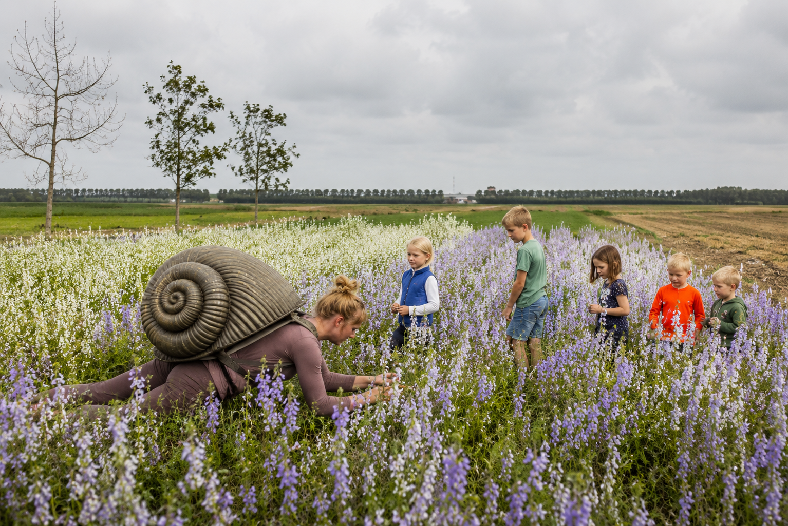 slak en publiek in een bloemenveld voor Home Slak Home